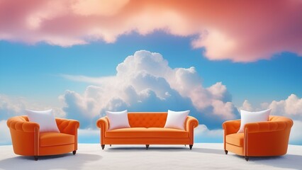 Incredible orange sofa with two armchairs and white cushions among pink and white clouds