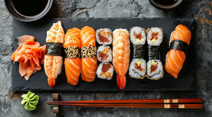 Delicious sushi platter with various rolls on slate. - Powered by Adobe
