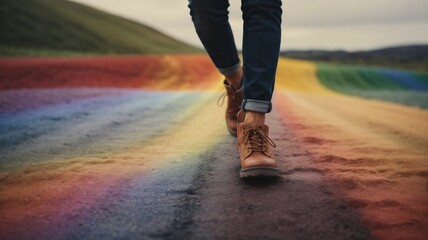 Walking on a rainbow meadow. Sexual freedom, homosexual, bisexual, free love. rainbow flag.
