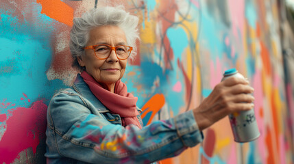 Senior lady in glasses and denim adds her touch to a colorful wall with a spray can in hand - obrazy, fototapety, plakaty