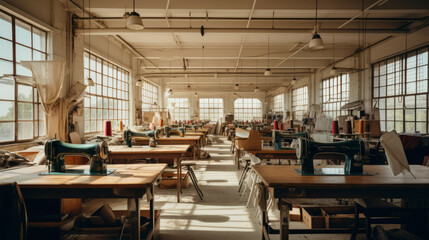 The interior of a clothing and textile workshop with sewing machines. The workspace of a seamstress and a dressmaker. A garment factory on an industrial scale, a large clothing business. - obrazy, fototapety, plakaty