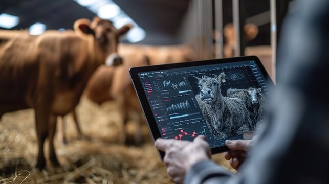 workers of dairy farms typing on a tablet health status of cattle at cows farm. Diary farm health control.