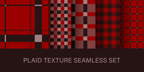 Checkered seamless texture set. Red lumberjack style background. - obrazy, fototapety, plakaty