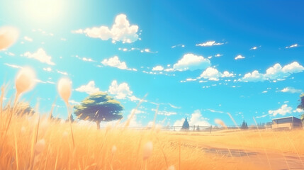 wonderful clear lofi inspired wheat field in summer, sunshine anime artwork