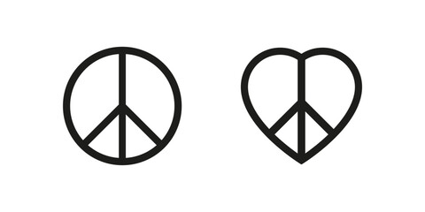 Peace symbol in circle and heart shape. Hippie world antiwar icons.