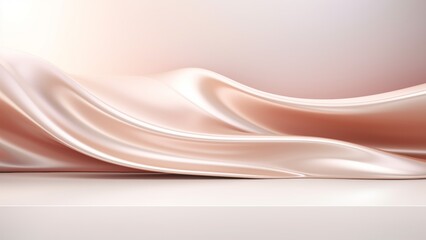 Pristine white stage with flowing satin rose gold drapes in background, Premium showcase mockup template for Beauty, Cosmetic, Luxury products, with copy space for text