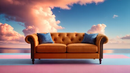 Fototapeta na wymiar Orange sofa with two blue cushions against a background of pink clouds and blue sky