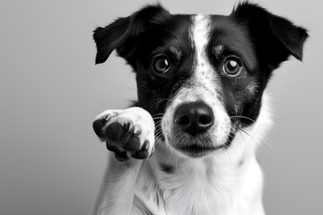 Black-white dog with a raised paw. Minimalistic pets style isolated over light background