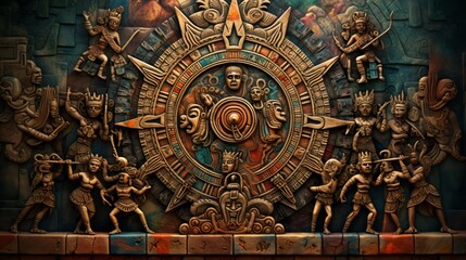 Fototapeta na wymiar Mayan calendar colorful background. Neural network AI generated art