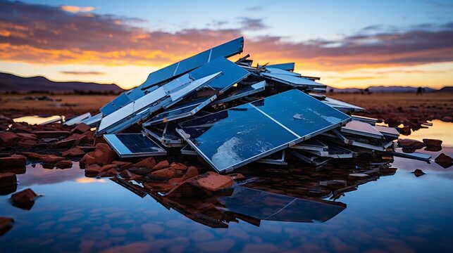 End of life renewable energy hardware  stack of broken solar panels for mass production recycling.