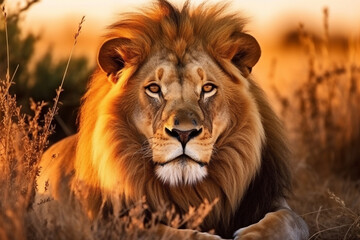 Obraz premium Majestic Lion in the Wild at Sunset.
