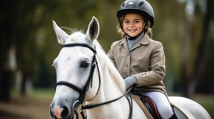 Fototapeta premium a child in a jockey's uniform rides a horse, horse riding, boy, girl, kid, hippodrome, rider, equestrian, horse racing, stable, sport, dressage, animal, saddle, helmet, training, nature