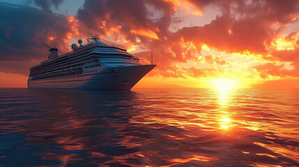 Cruise ship in the sea at sunset - obrazy, fototapety, plakaty