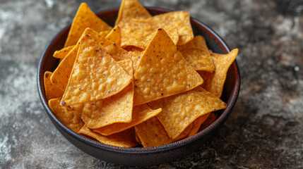 Top view of nachos chips in a bowl.