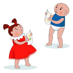 Cute cartoon children with drawings in their hands. Perfect for a postcard on Mother's Day or March 8th. Vector illustration