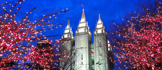 Salt Lake City Temple with Christmas Lights on Trees for Holiday Decorations