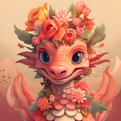Baby red dragon and flowers on pastel background.