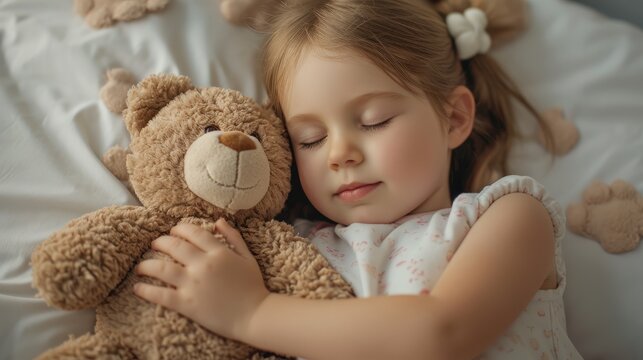 Cute little girl sleeping with plush toy bear on bed at home