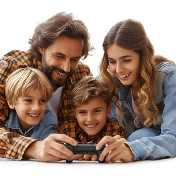 Family setting up a new gaming console at home isolated on white background, hyperrealism, png
