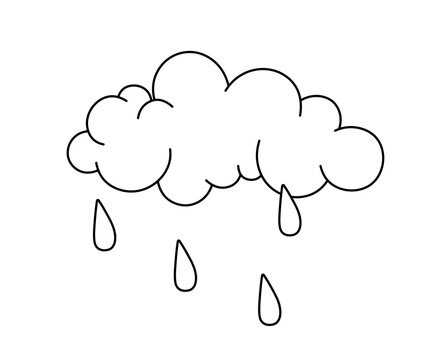 Vector isolated one single simple cloud with rain drops  colorless black and white contour line easy drawing	