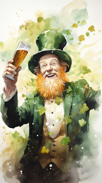 Irish leprechaun in watercolor celebrating St. Patrick's Day. Beer and shamrocks.