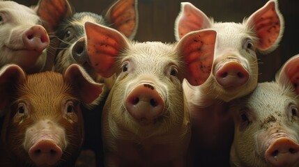 Group of pigs in a pigsty on a farm, close-up