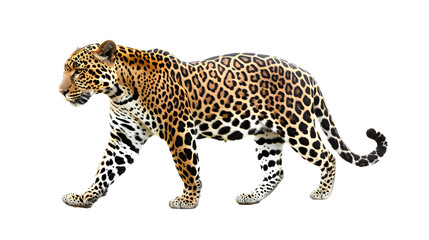 Naklejka premium Majestic Leopard Walking on a White Background