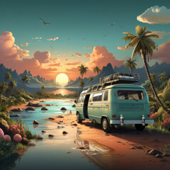 Retro minibus stands on the seashore on sunset, traveling on wheels