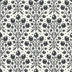 Hand drawn decorative doodle berries seamless pattern, silhouette scandinavian simple flower texture - 719251713