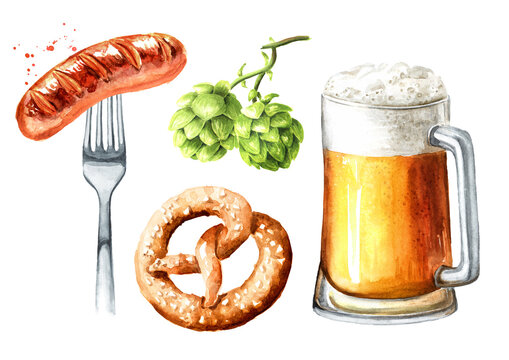 Beer, Octoberfest concept. Hand drawn watercolor illustration isolated on white background