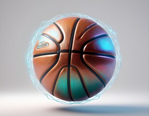 Close up 3D Render Holographic Glowing Mult-color Bbasketball. 