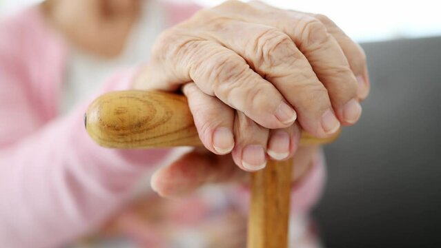 Hands Of Old Woman With Cane, Close Up View