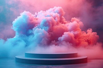 photo of round podium on a backdrop, clouds and smoke, gradient colors