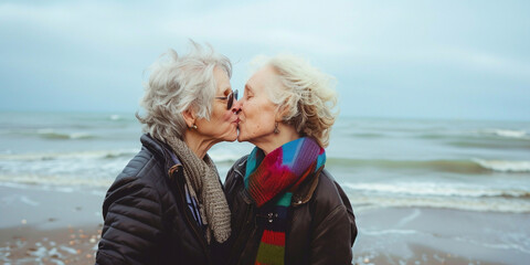 Fototapeta na wymiar Two senior women in love kiss each other on beach shore. Romantic moment. Diversity sexual equality, LGBTQ pride, marriage equality and same-sex lesbian relashipship vacation time concept