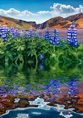 Blooming loopine flowers and huge cliff reflected in the calm waters of small Icelandic pond in...