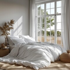 Comfortable Bed Next Bright Window Under, 3d  illustration