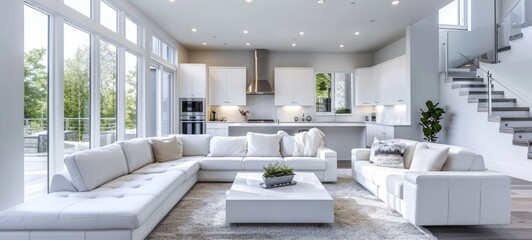 Spacious bright monochrome living room with kitchenette in a modern cottage. White upholstered furniture, white facades, built-in home appliances, panoramic windows. Contemporary interior design.