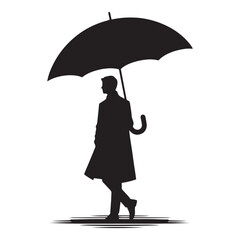 Drizzle Dances: Person with Umbrella Silhouette Set in a Ballet of Raindrops and Graceful Contours - Person with Umbrella Illustration - Person with Umbrella Vector - Person Silhouette
