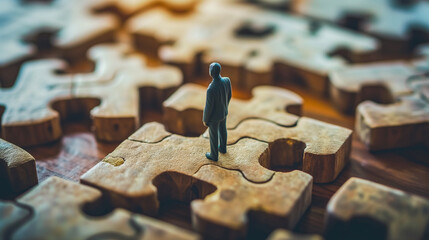 A wooden jigsaw puzzle with a miniature figure of a person is standing on the puzzle, facing away, and appears to be deep in thought. Problem solving, decision making, and strategic thinking concept. - obrazy, fototapety, plakaty