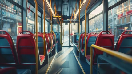 Empty bus interior with red seats and yellow railings - obrazy, fototapety, plakaty