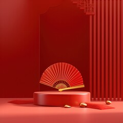 podium red background gold fan round table simple background simple brush simple stage design