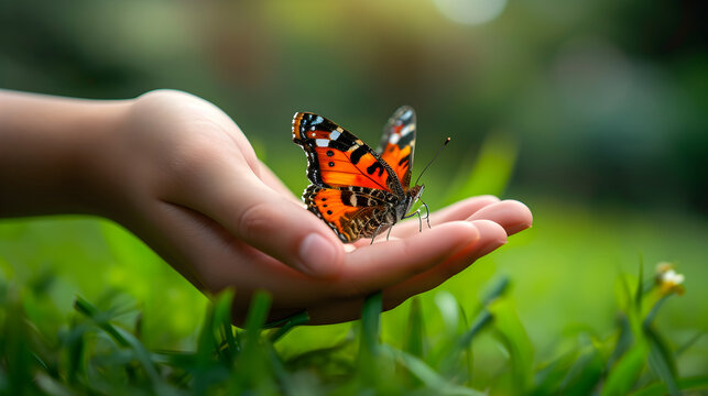 butterfly in hand on grass, Schmetterling auf der Hand, Spring Background, The concept of hope, faith, religion, a symbol of hope and freedom. Generative Ai