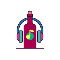 Bottle of wine with a musical note and headphones. Music and wine. Color vector.