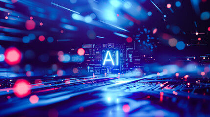 A vibrant neon light forms the letters “AI” in bright blue surrounded by glowing lines and nodes, creating a sense of complexity and advanced technology.  Future innovations in AI concept, background.
