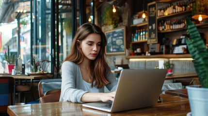 Beautiful young woman sitting in a cafe and working on a laptop. Freelance business concept.