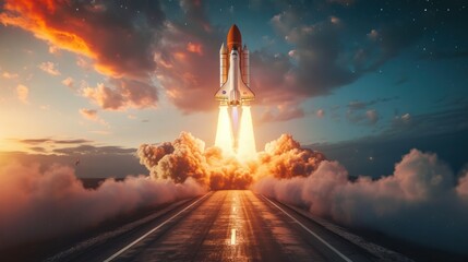 The successful launch of a space rocket into the stars. The new spaceship was lifted off. Flying on a space mission - obrazy, fototapety, plakaty