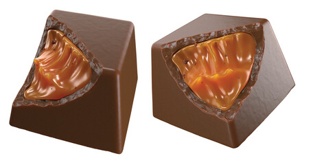Luxury Chocolate pieces with Caramel filling. 3d illustration. Isolated background