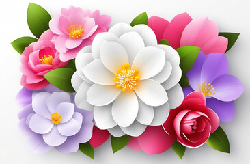 Spring flower vector background. Hello spring text in white frame space and colorful camellia and crocus flowers in white background. Vector illustration