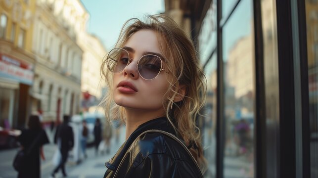 Portrait of a beautiful girl in sunglasses on the background of the city.