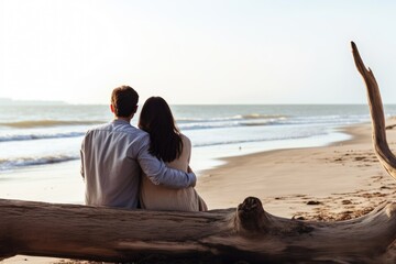 Couple hugging together on a log on the beach, copy space, back view